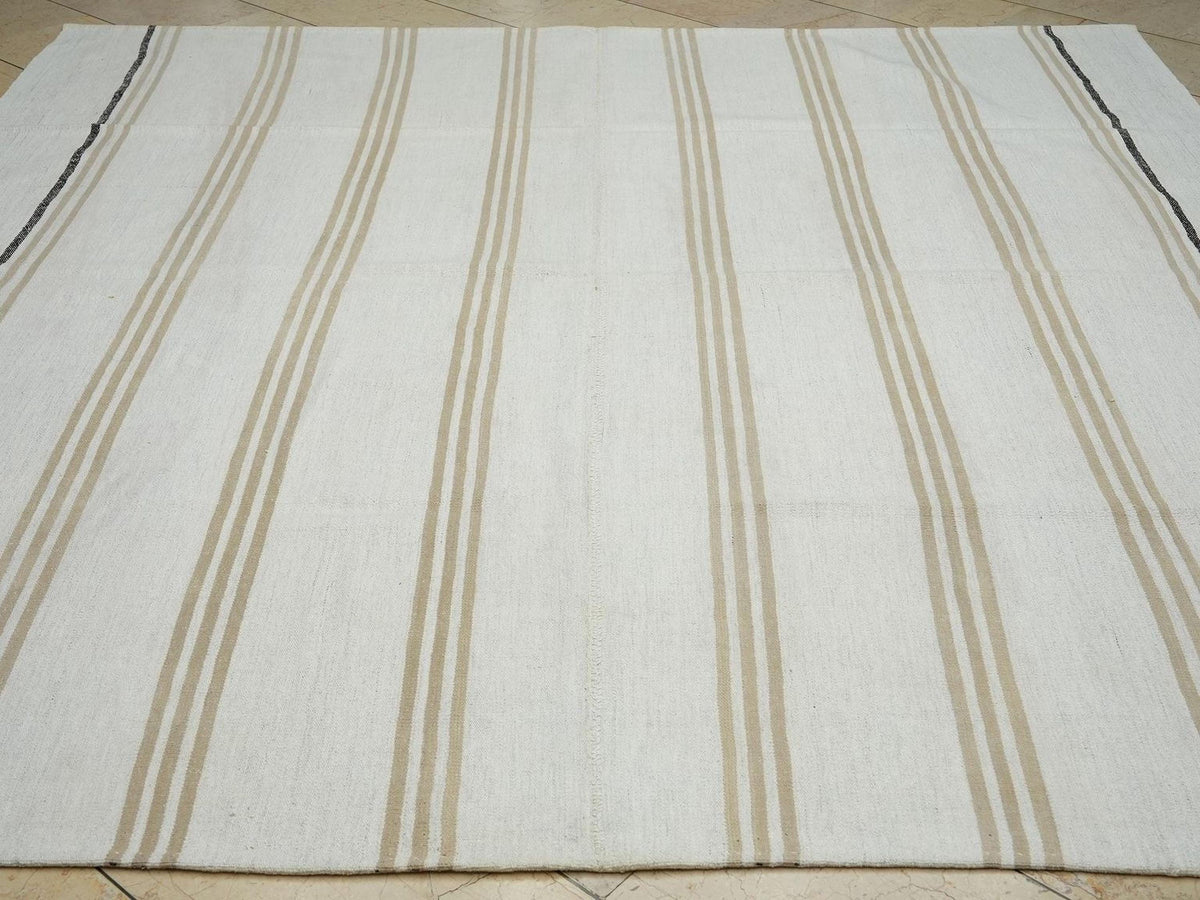Handmade Striped Turkish Kilim Rug: 8.3"x8.5' Square Cotton Goat Hair Rugs