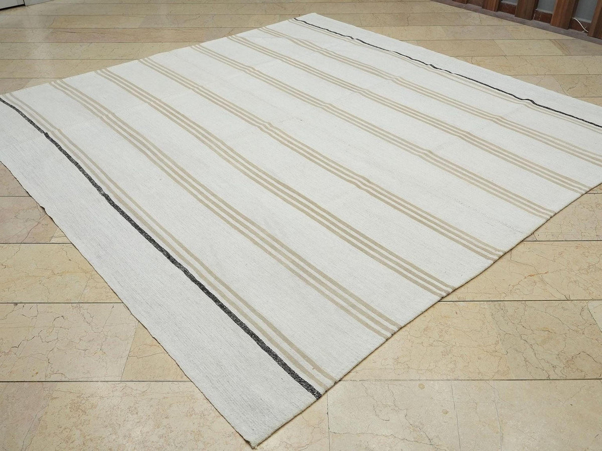 Handmade Striped Turkish Kilim Rug: 8.3"x8.5' Square Cotton Goat Hair Rugs