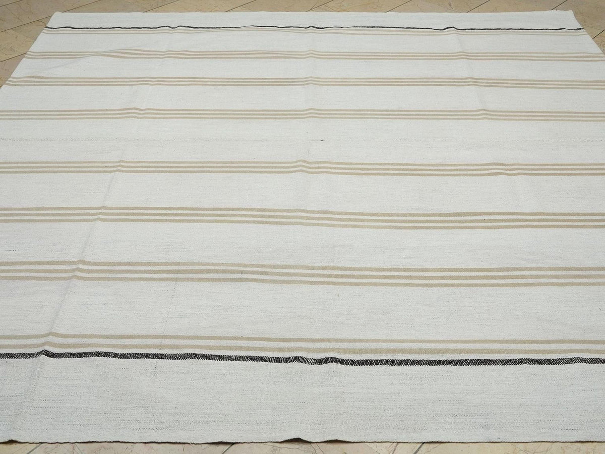 Handmade Striped Turkish Kilim Rug: 8.3"x8.5' Square Cotton Goat Hair Rugs