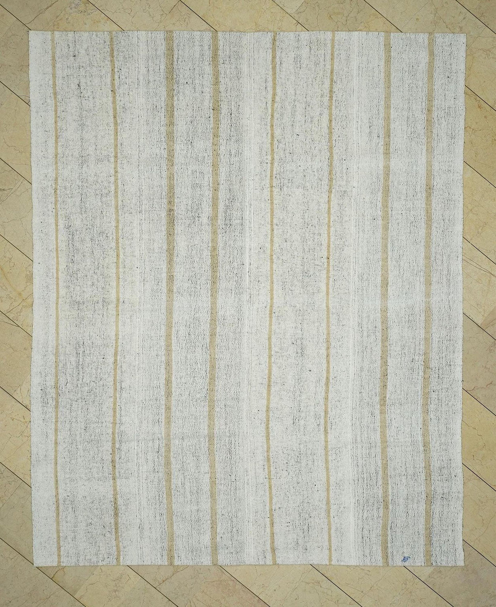 Mid Century Modern Striped Kilim Rug: Ivory & Light Brown, 7.4"x9.2"