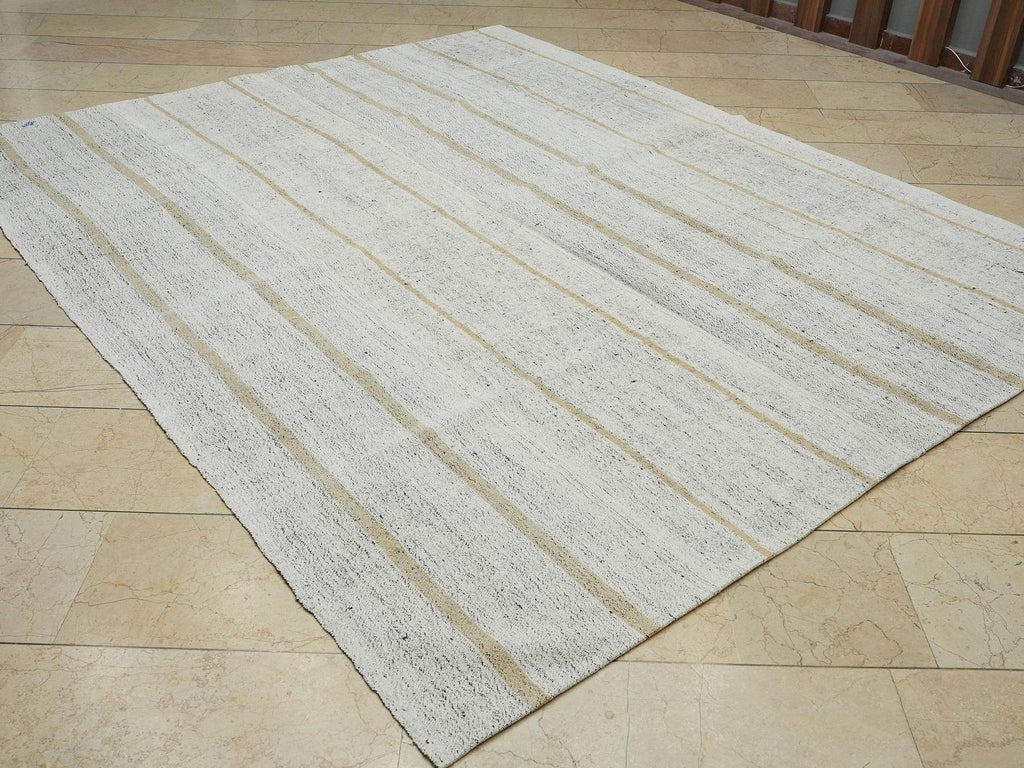 Mid Century Modern Striped Kilim Rug: Ivory & Light Brown, 7.4"x9.2"