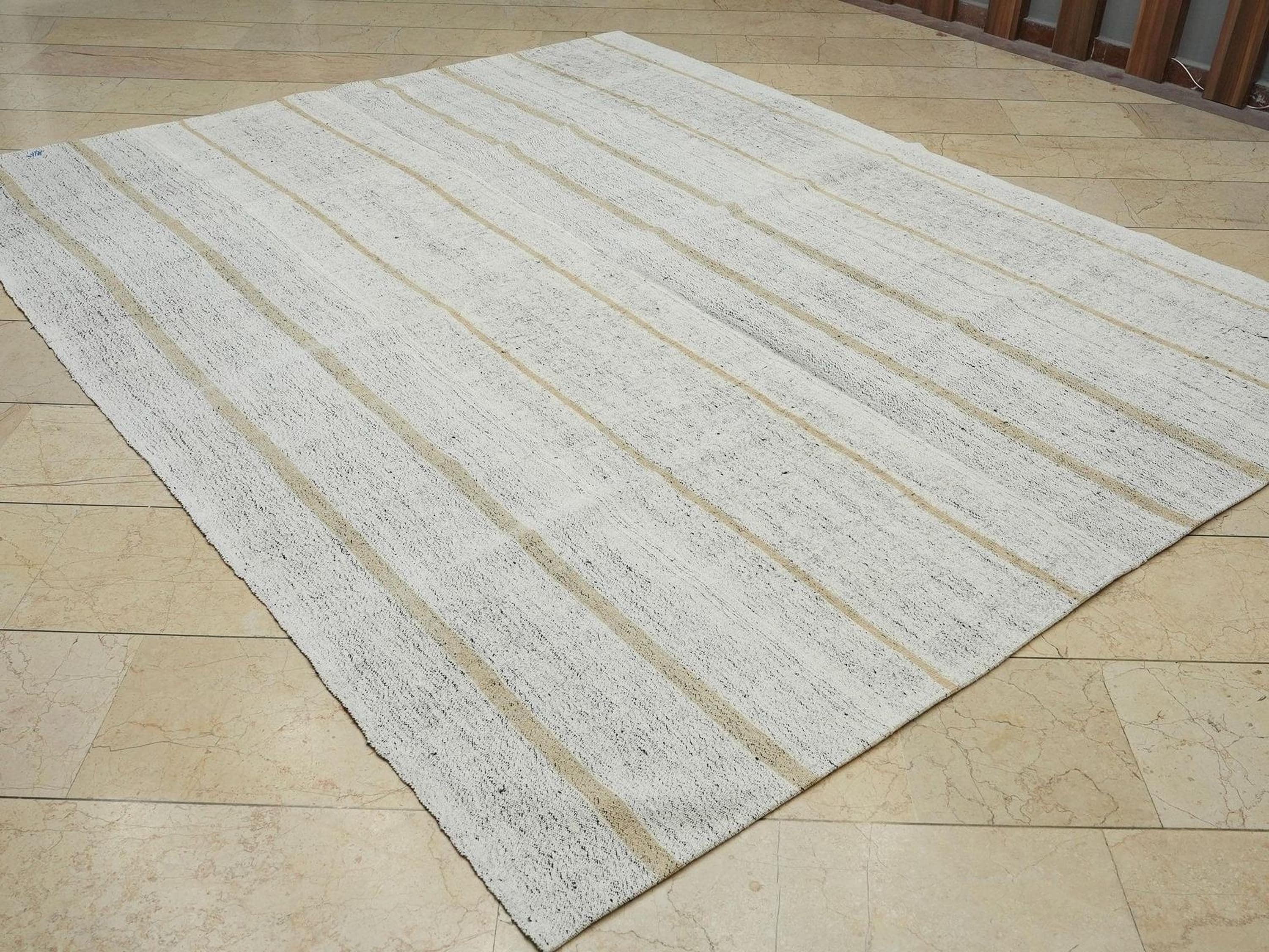 Mid Century Modern Striped Kilim Rug: Ivory & Light Brown, 7.4"x9.2"