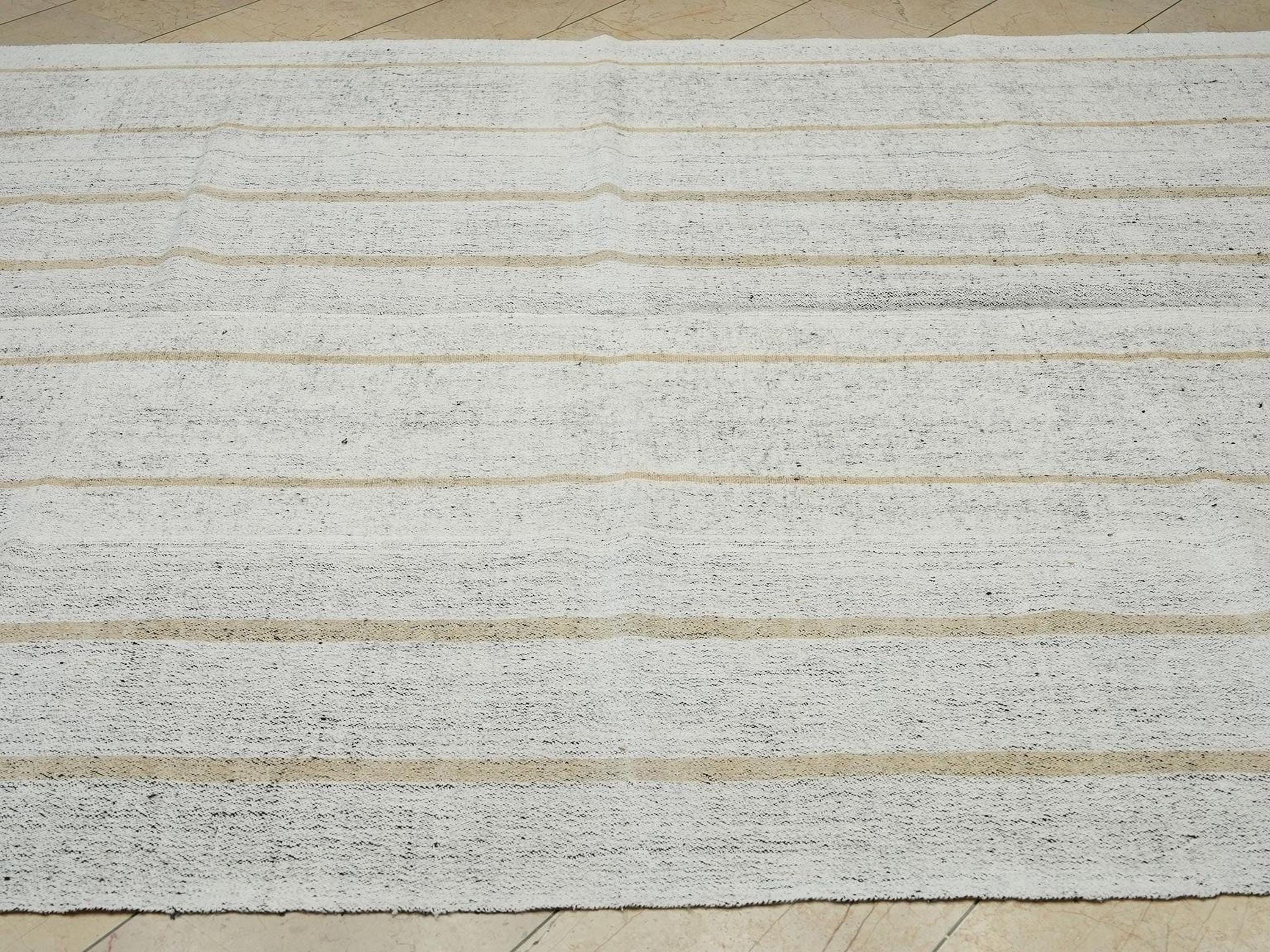 Mid Century Modern Striped Kilim Rug: Ivory & Light Brown, 7.4"x9.2"