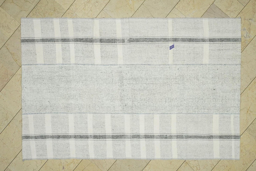 Striped Turkish Kilim Rug: White and Gray Flat Weave (5,3"x8,3")