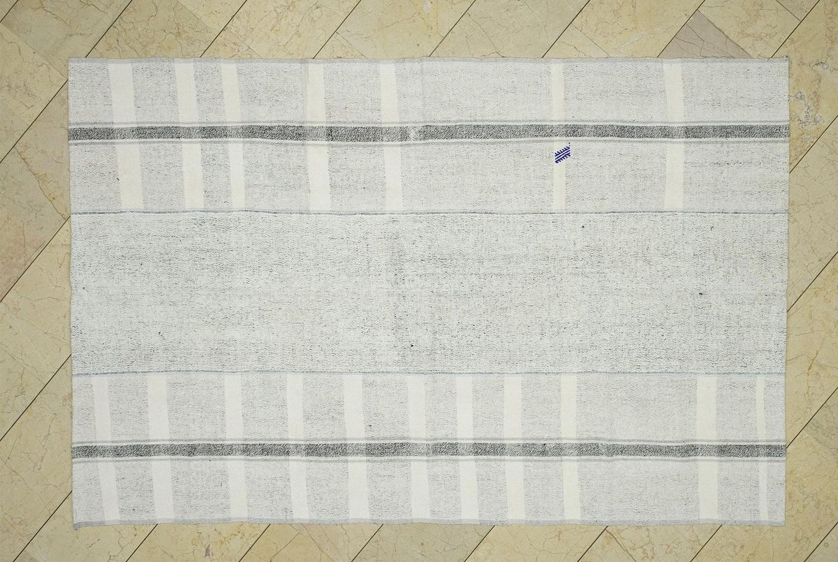 Striped Turkish Kilim Rug: White and Gray Flat Weave (5,3"x8,3")