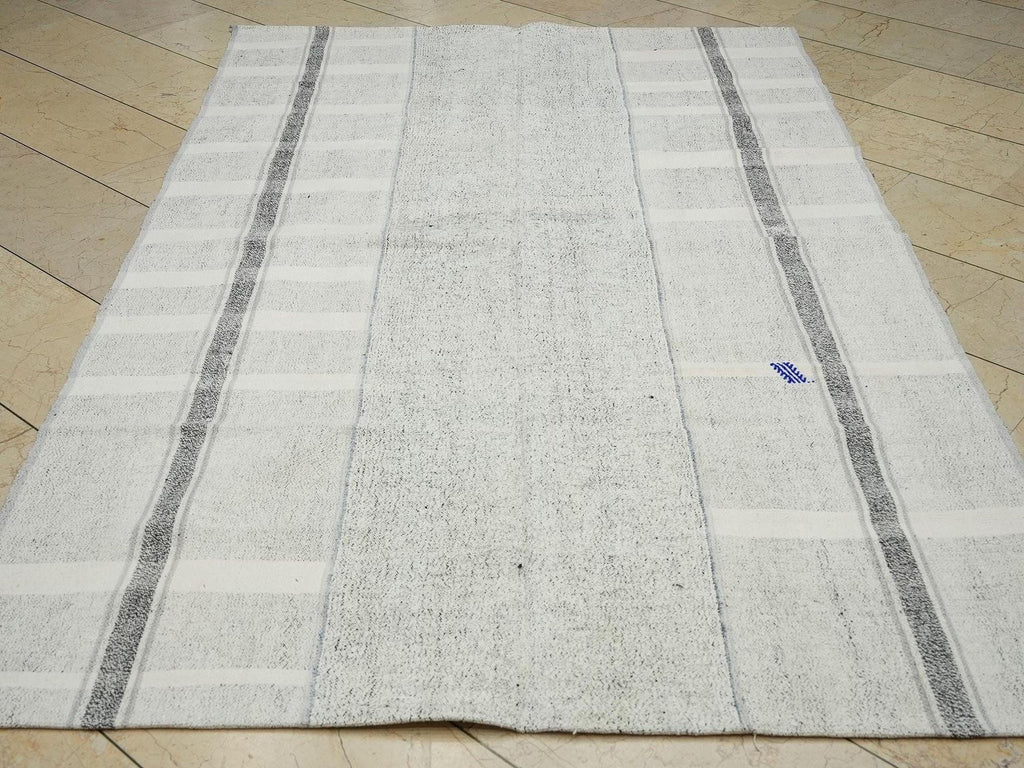 Striped Turkish Kilim Rug: White and Gray Flat Weave (5,3"x8,3")