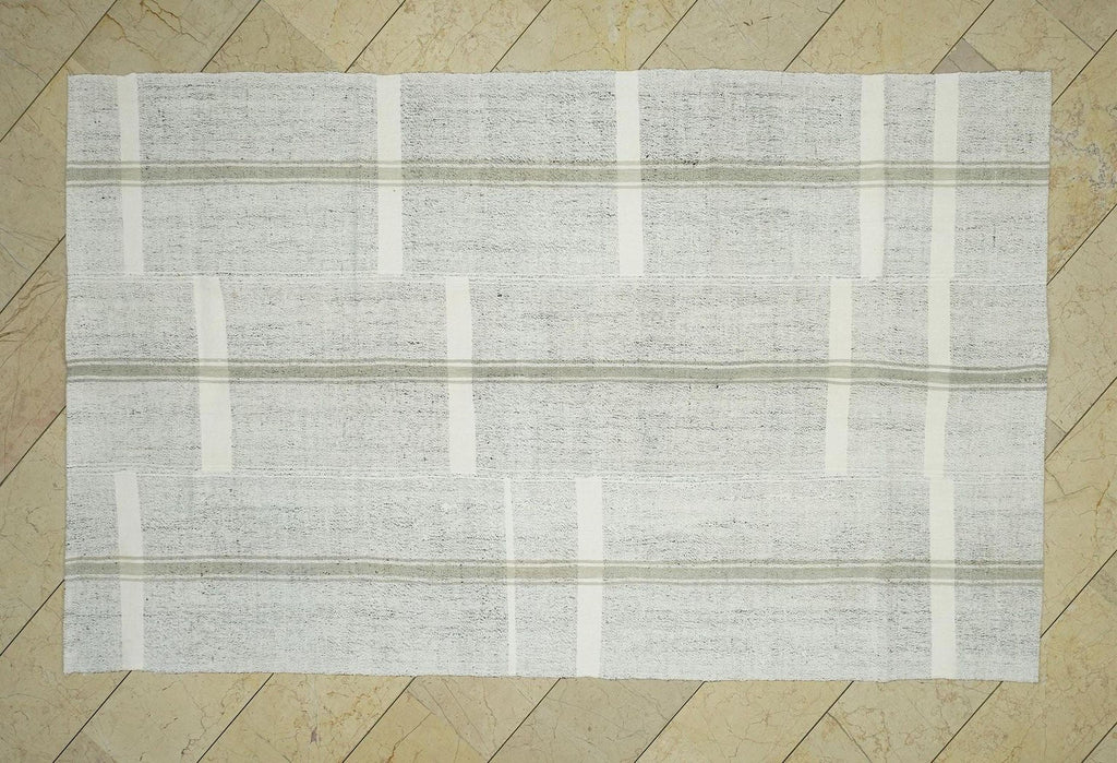 Ivory Striped Kilim Rug: 5.4"x9' Vintage Turkish Rugs