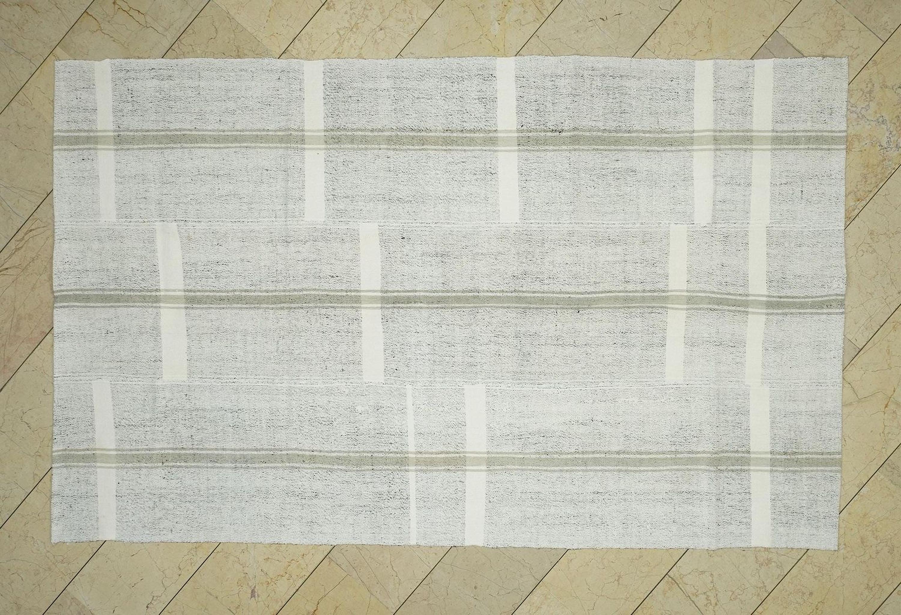Ivory Striped Kilim Rug: 5.4"x9' Vintage Turkish Rugs
