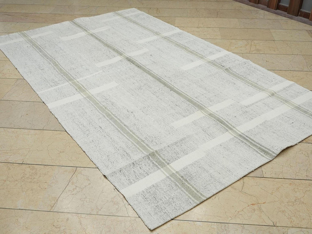 Ivory Striped Kilim Rug: 5.4"x9' Vintage Turkish Rugs