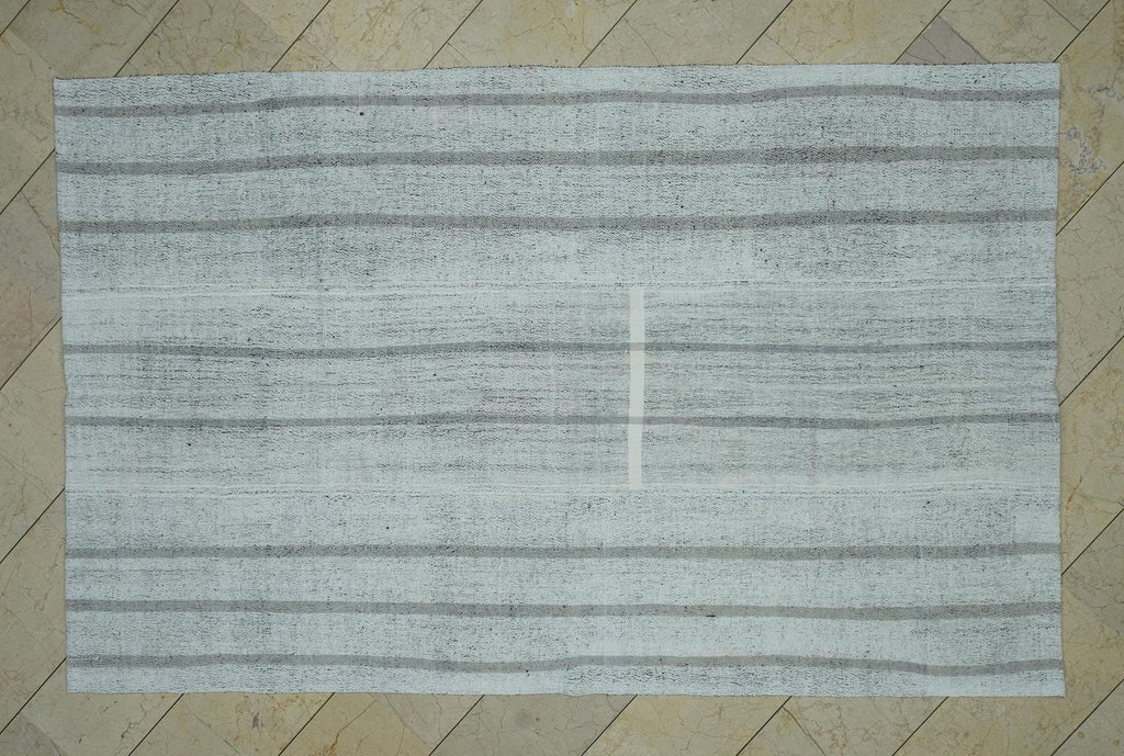 Striped Kilim Rug: White and Grey Flat Weave, Turkish Rugs 5,5"x8,8" Feet.