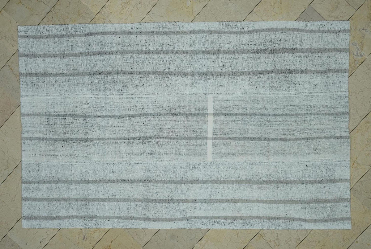 Striped Kilim Rug: White and Grey Flat Weave, Turkish Rugs 5,5"x8,8" Feet.
