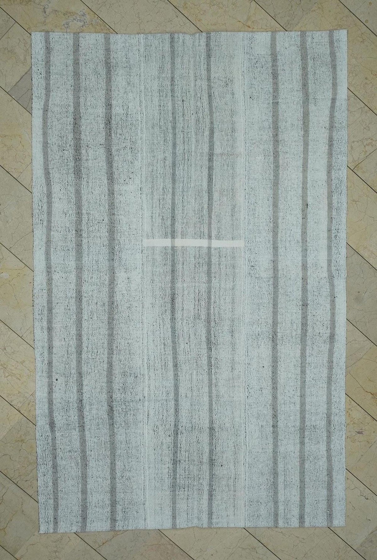 Striped Kilim Rug: White and Grey Flat Weave, Turkish Rugs 5,5"x8,8" Feet.