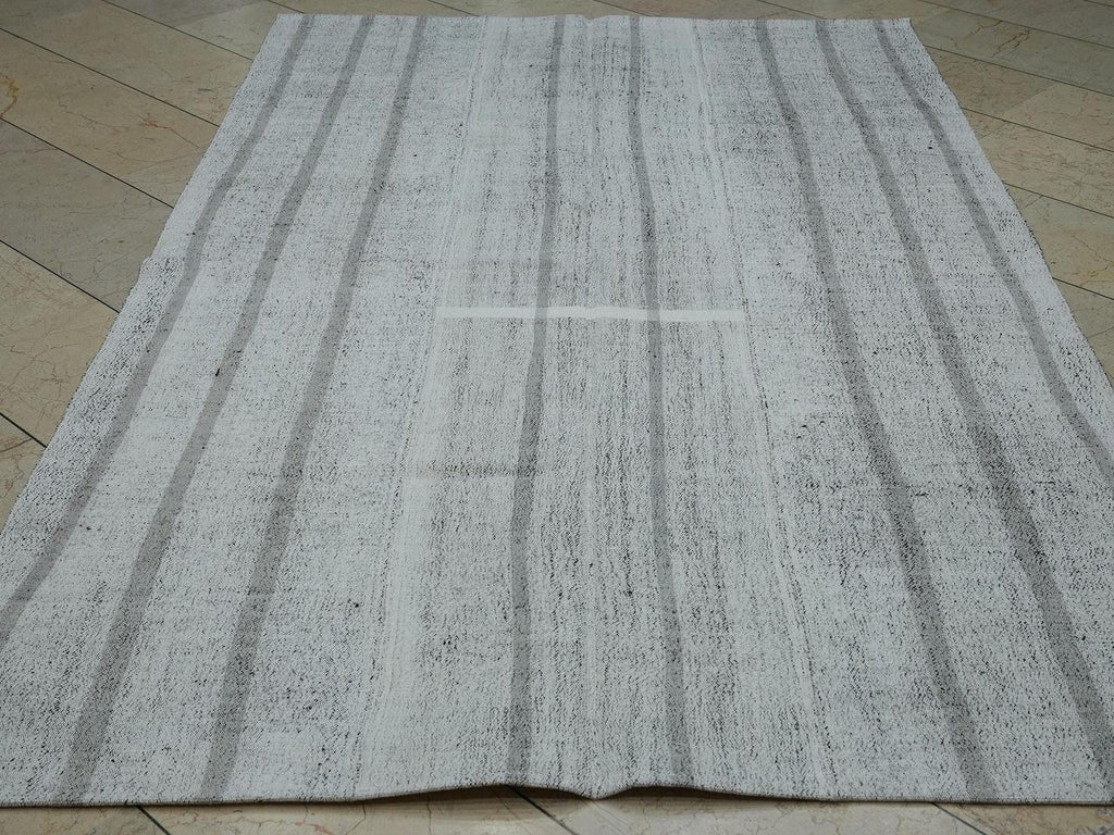 Striped Kilim Rug: White and Grey Flat Weave, Turkish Rugs 5,5"x8,8" Feet.