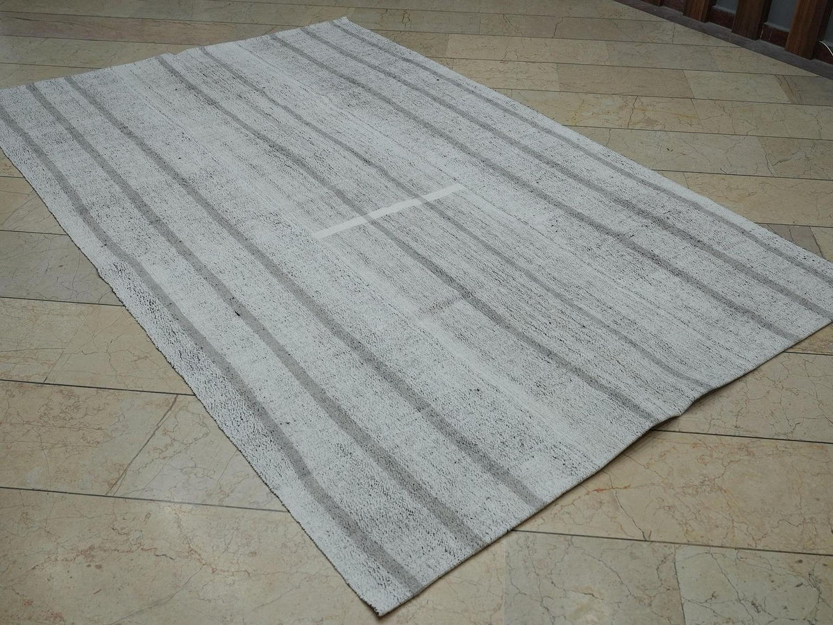 Striped Kilim Rug: White and Grey Flat Weave, Turkish Rugs 5,5"x8,8" Feet.