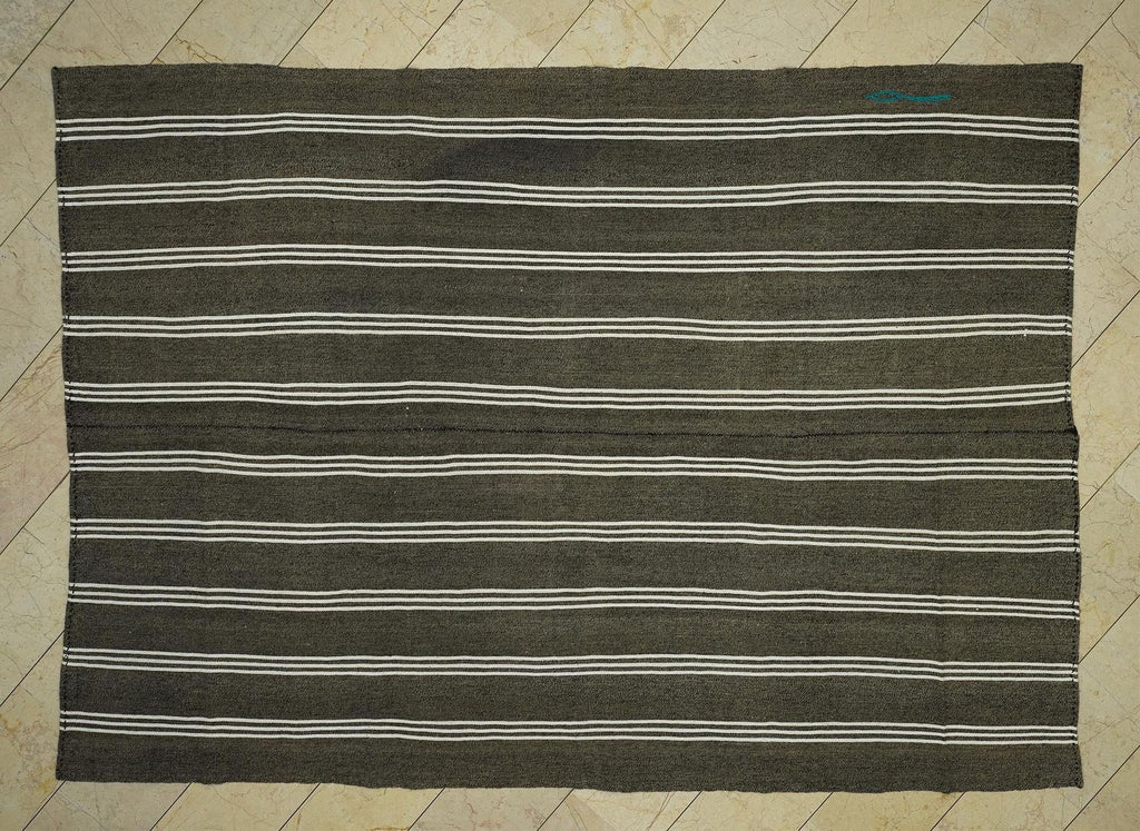 Vintage Turkish Kilim Rug: White Stripe, Dark Gray Rugs, 7.3"x10.3" Feet.