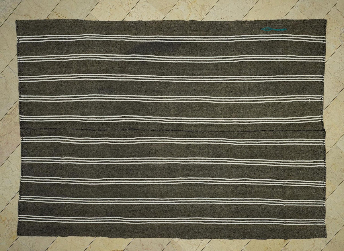 Vintage Turkish Kilim Rug: White Stripe, Dark Gray Rugs, 7.3"x10.3" Feet.