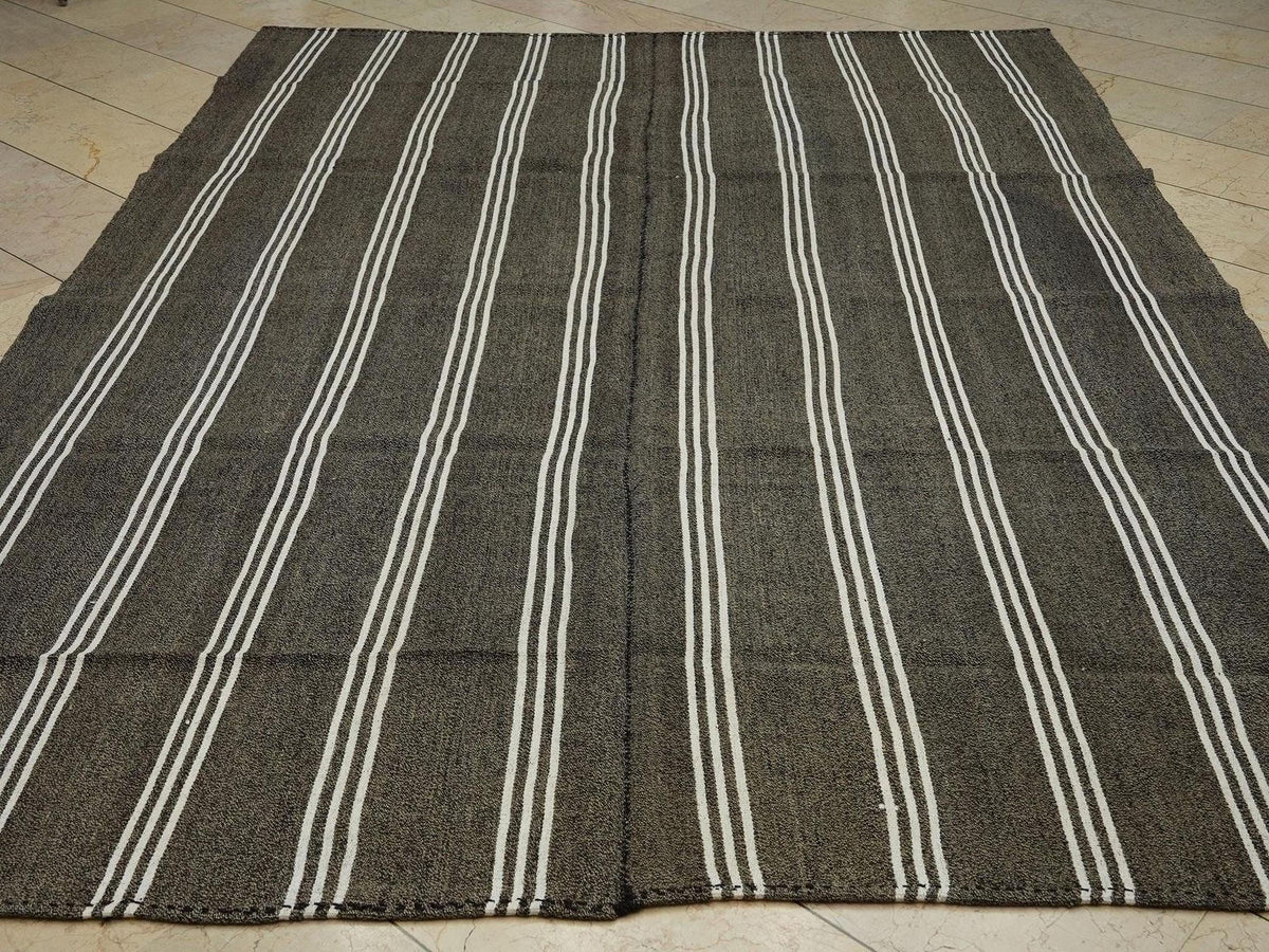 Vintage Turkish Kilim Rug: White Stripe, Dark Gray Rugs, 7.3"x10.3" Feet.