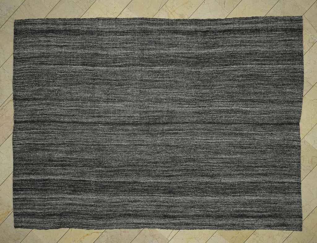 Skewed Striped Primitive Pattern: Large Dark Gray Old Turkish Kilim Rug 8x10,Collectible Rugs.