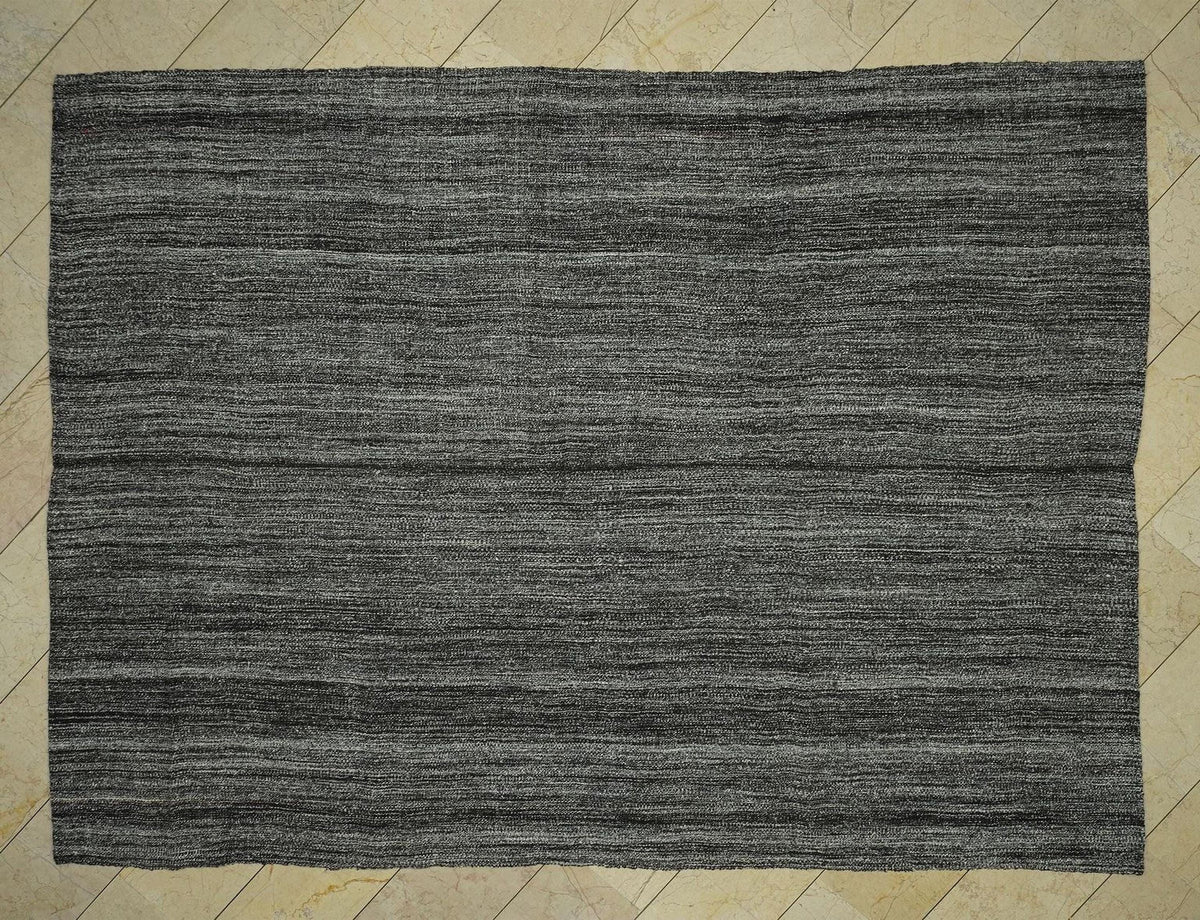 Skewed Striped Primitive Pattern: Large Dark Gray Old Turkish Kilim Rug 8x10,Collectible Rugs.