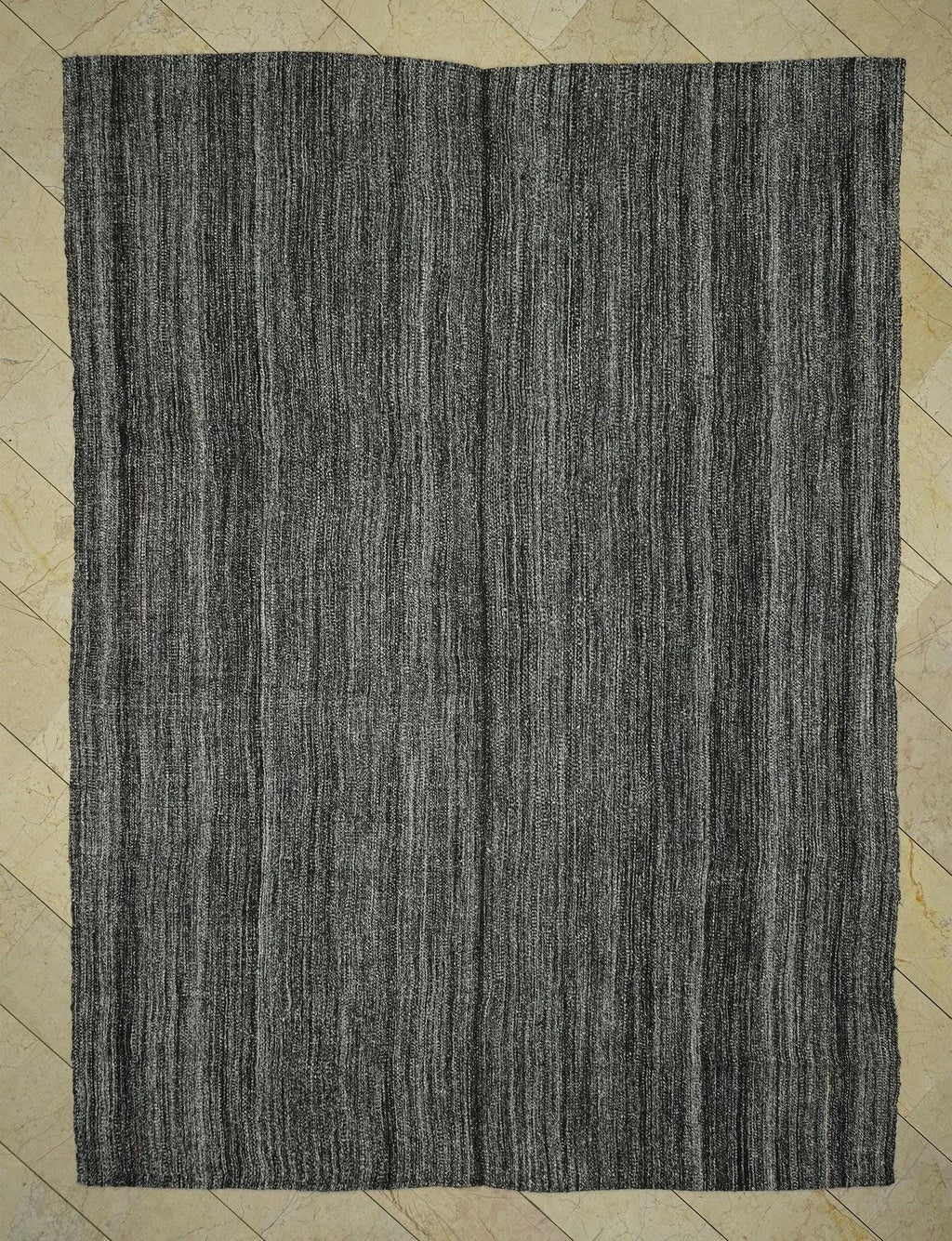 Skewed Striped Primitive Pattern: Large Dark Gray Old Turkish Kilim Rug 8x10,Collectible Rugs.