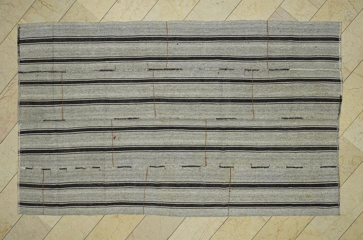 Vintage Turkish Kilim Rug: Black Stripe Gray Farmhouse Decor (6,3x10,1 Feet)