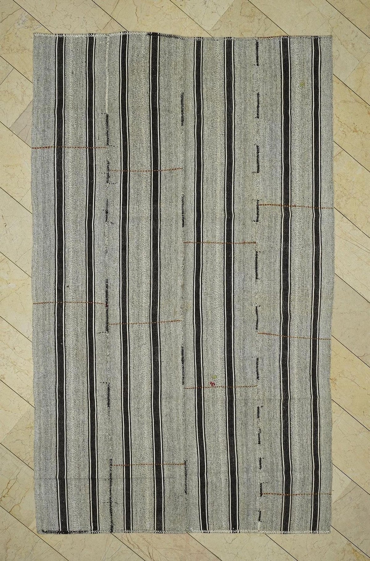 Vintage Turkish Kilim Rug: Black Stripe Gray Farmhouse Decor (6,3x10,1 Feet)