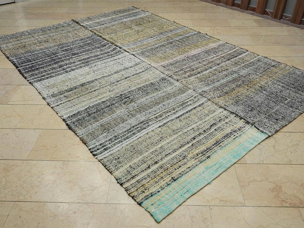 Large Turkish Kilim Rug: 7"x10,7" Ft, Mid Century Modern Gray Flat Weave Rugs.
