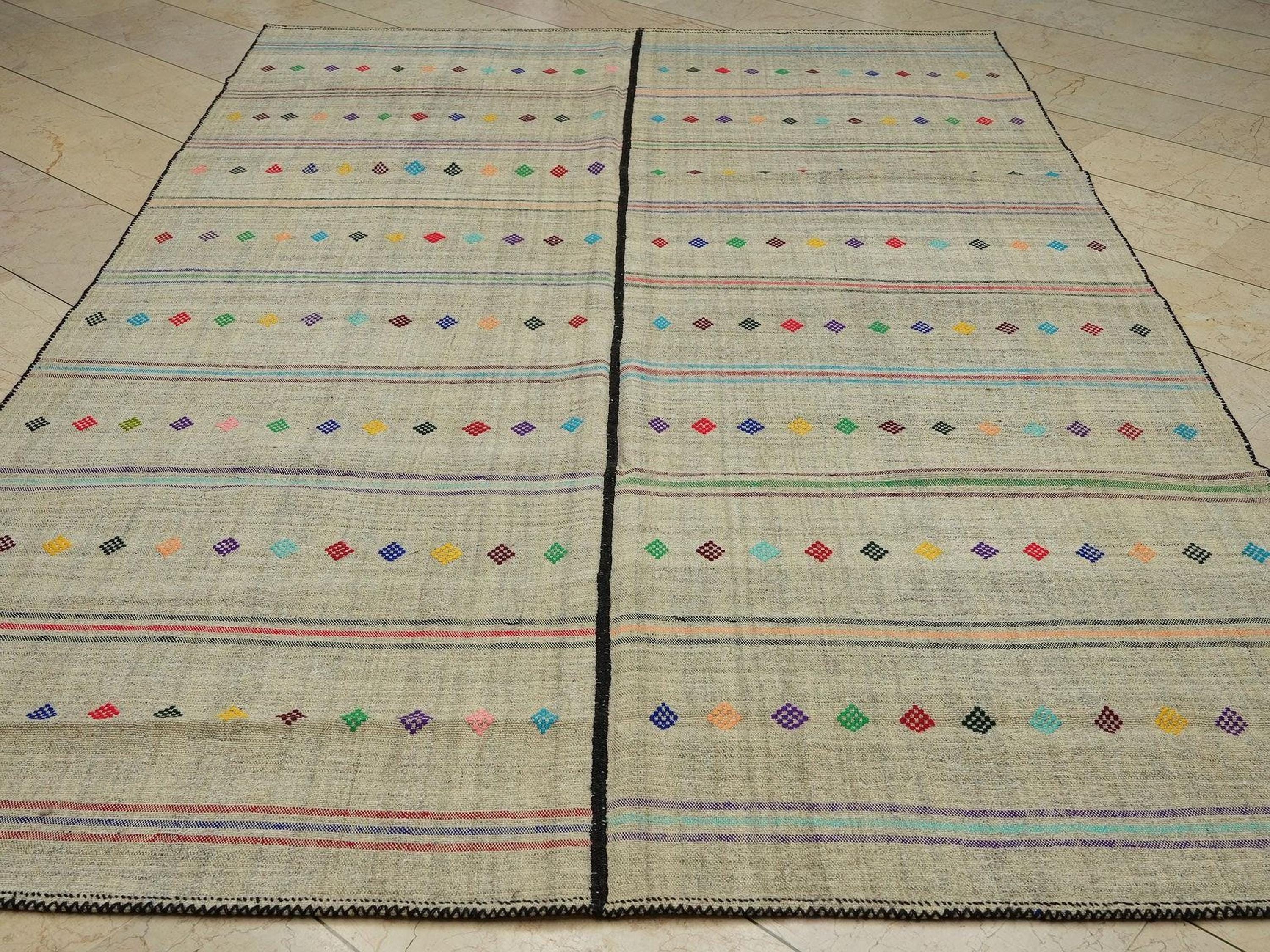 Vintage Turkish Kilim Rug: 6.7"x10.1" Mid-Century Modern Flat Weave Rugs.