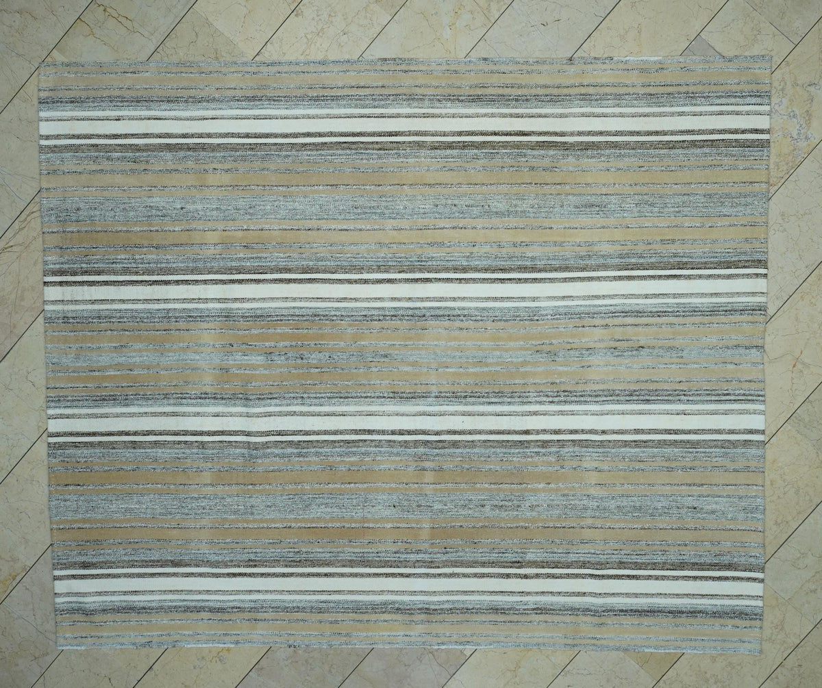 Oversize White and Gray Striped Kilim Rug: 7.5x9,Vintage Turkish Cotton Rugs.