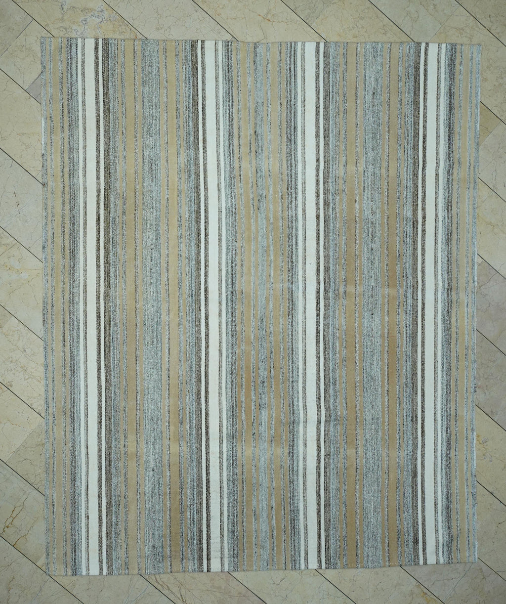 Oversize White and Gray Striped Kilim Rug: 7.5x9,Vintage Turkish Cotton Rugs.
