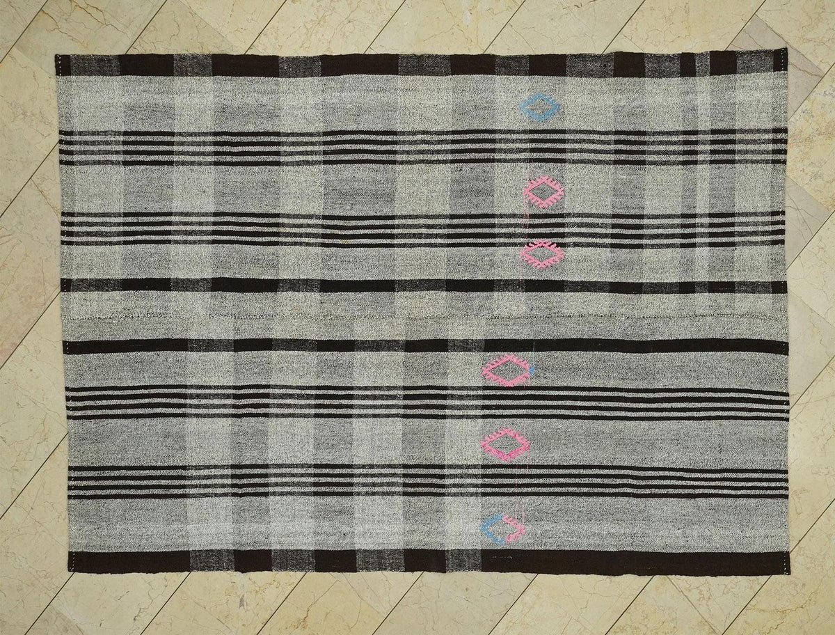 Vintage Turkish Kilim Rug: Brown Gray Anatolian Woven Floor Rugs 5.7"x8" Feet.