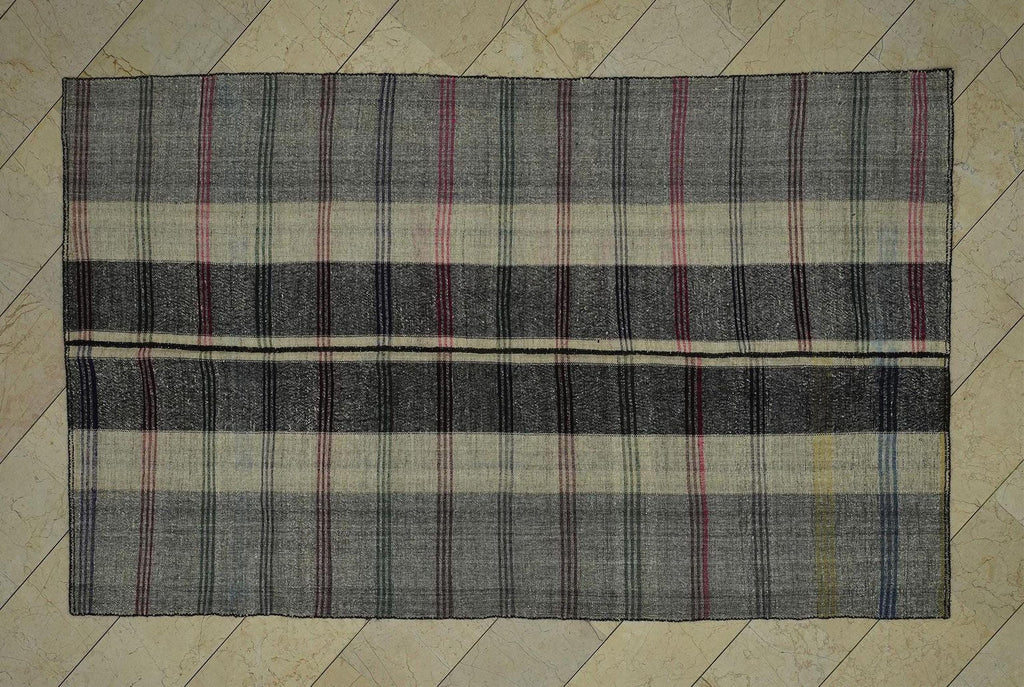 Mid Century Modern Turkish Kilim Rug: 5.8"x9.3' Striped Goat Hair Rugs.