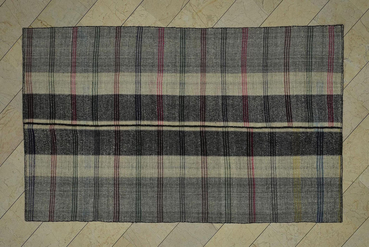 Mid Century Modern Turkish Kilim Rug: 5.8"x9.3' Striped Goat Hair Rugs.
