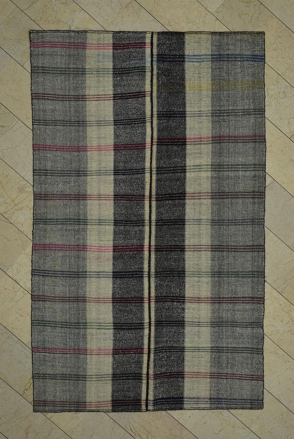 Mid Century Modern Turkish Kilim Rug: 5.8"x9.3' Striped Goat Hair Rugs.