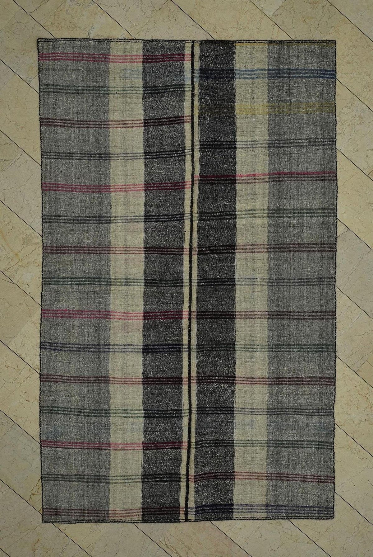 Mid Century Modern Turkish Kilim Rug: 5.8"x9.3' Striped Goat Hair Rugs.
