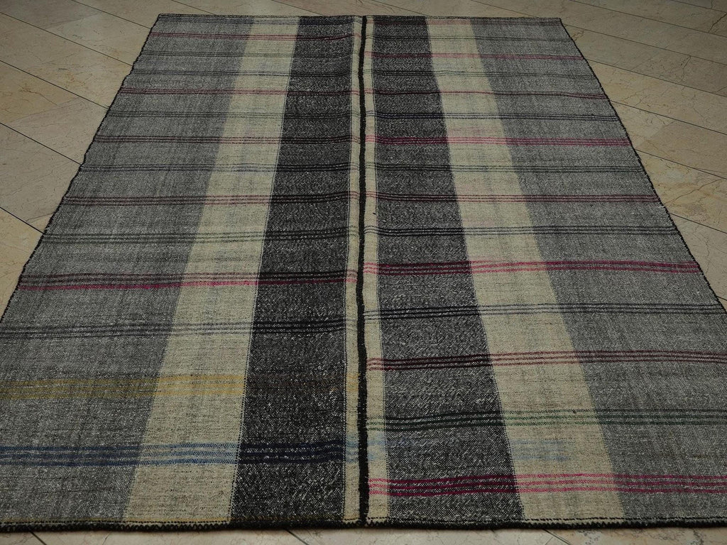 Mid Century Modern Turkish Kilim Rug: 5.8"x9.3' Striped Goat Hair Rugs.