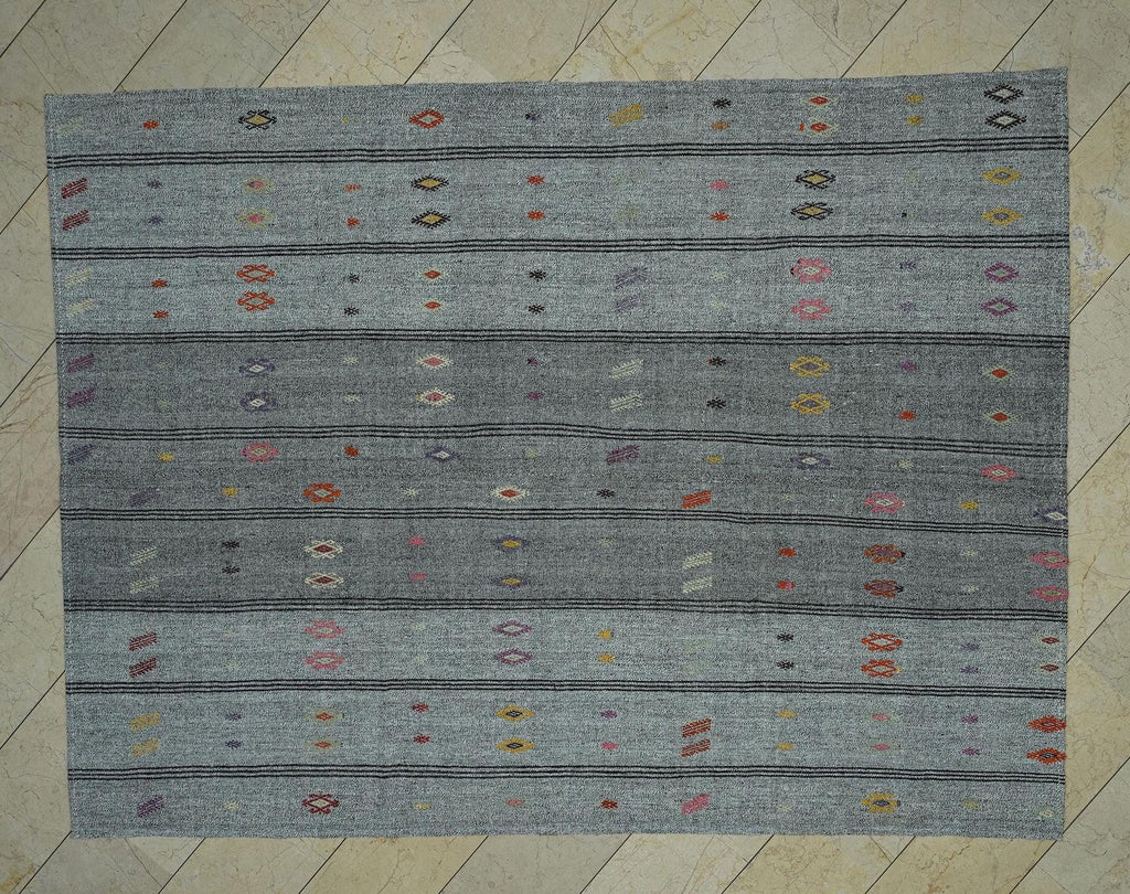 7x9 Minimalist Embroidered Turkish Flat Weave Silver Gray Kilim Rug,Home Living Decor Rugs