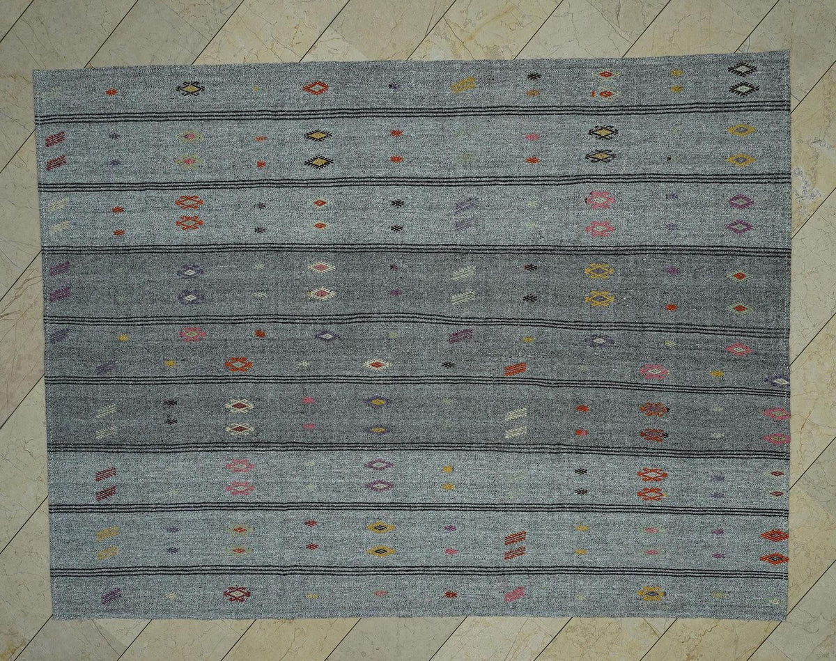7x9 Minimalist Embroidered Turkish Flat Weave Silver Gray Kilim Rug,Home Living Decor Rugs
