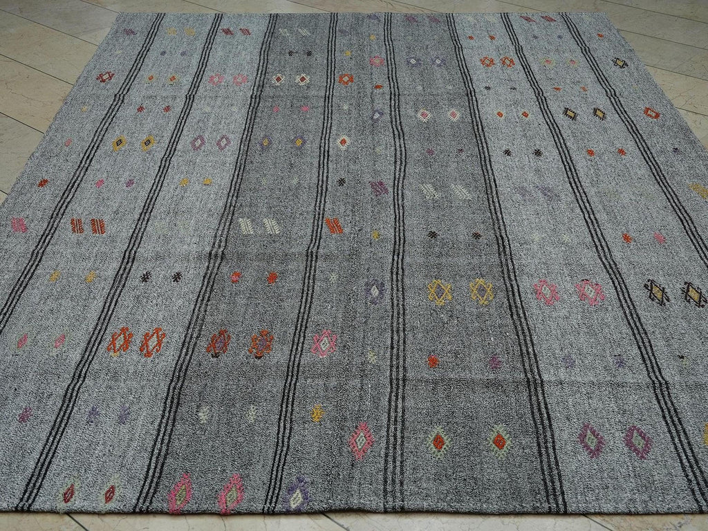 7x9 Minimalist Embroidered Turkish Flat Weave Silver Gray Kilim Rug,Home Living Decor Rugs