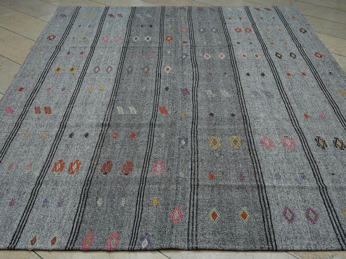 7x9 Minimalist Embroidered Turkish Flat Weave Silver Gray Kilim Rug,Home Living Decor Rugs