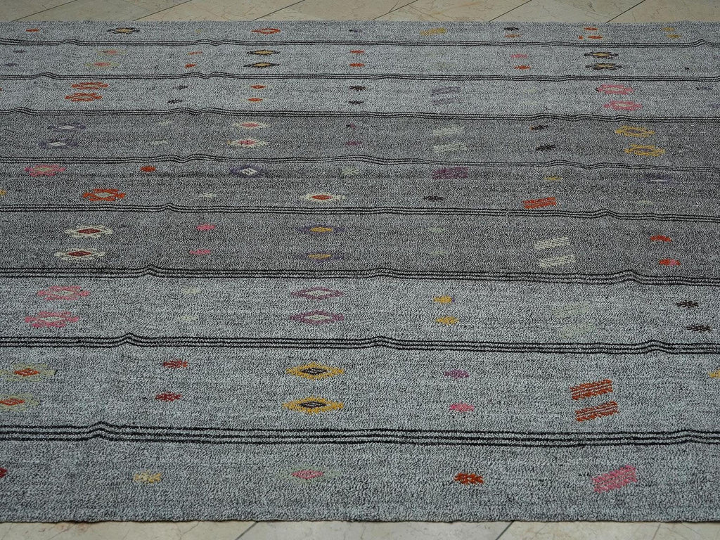 7x9 Minimalist Embroidered Turkish Flat Weave Silver Gray Kilim Rug,Home Living Decor Rugs