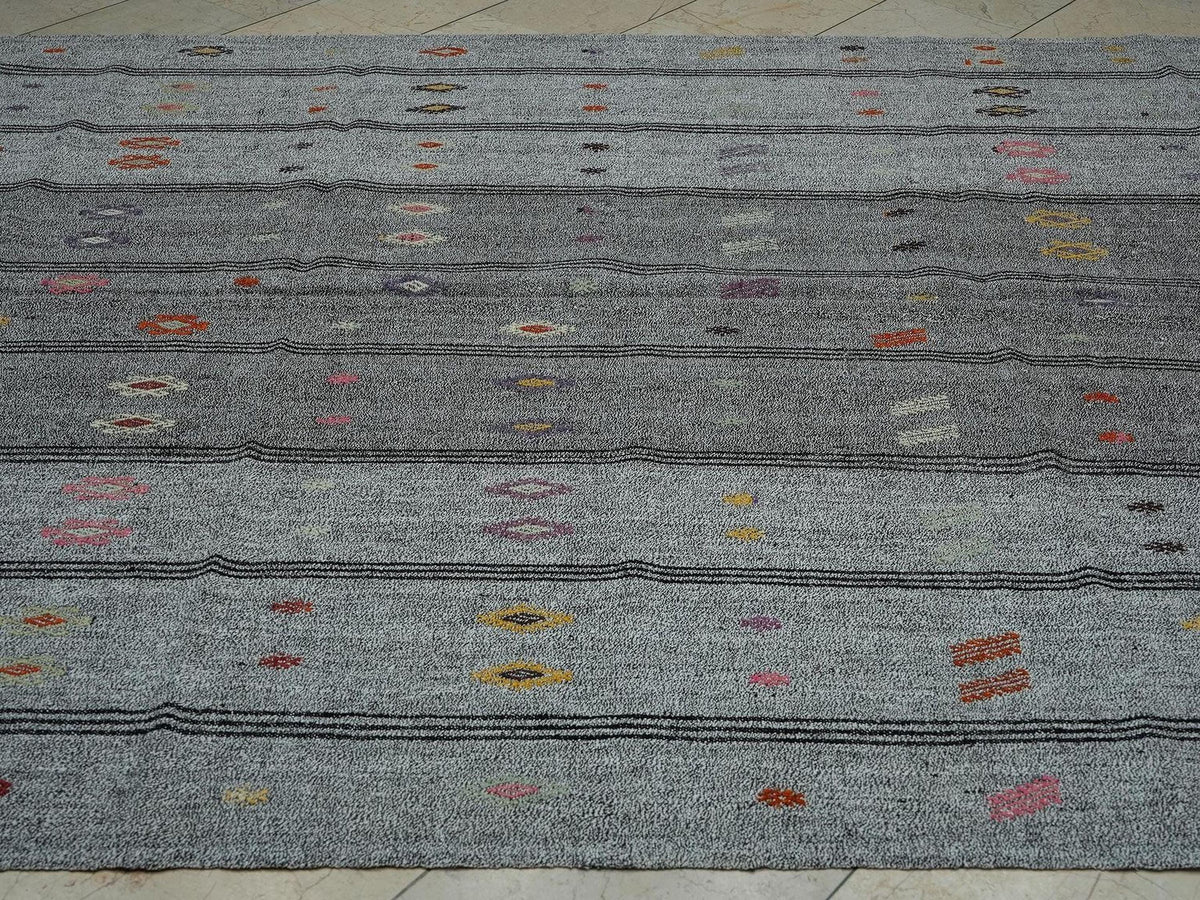 7x9 Minimalist Embroidered Turkish Flat Weave Silver Gray Kilim Rug,Home Living Decor Rugs