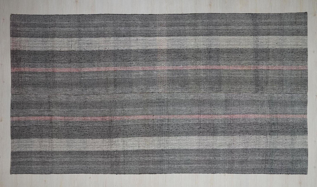 Vintage Pink Gray Stripe Kilim Rug: Long Turkish Flat Woven Rugs 7x12 Ft