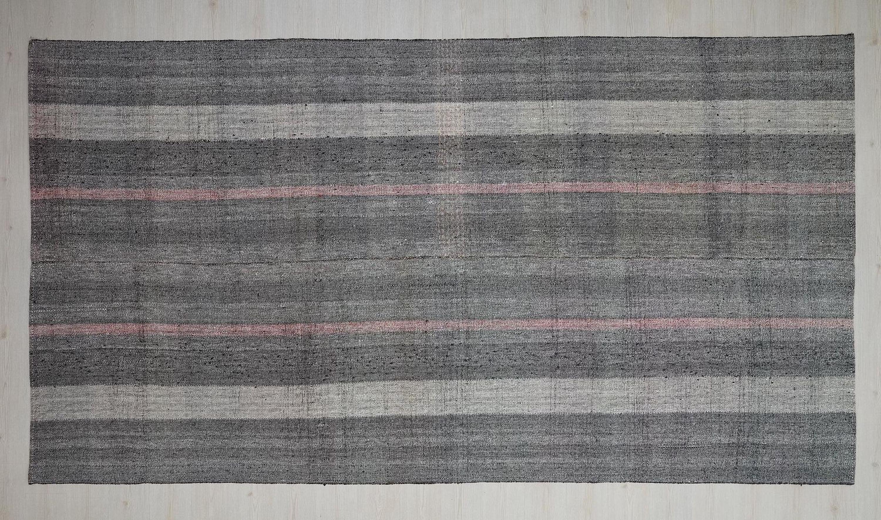 Vintage Pink Gray Stripe Kilim Rug: Long Turkish Flat Woven Rugs 7x12 Ft