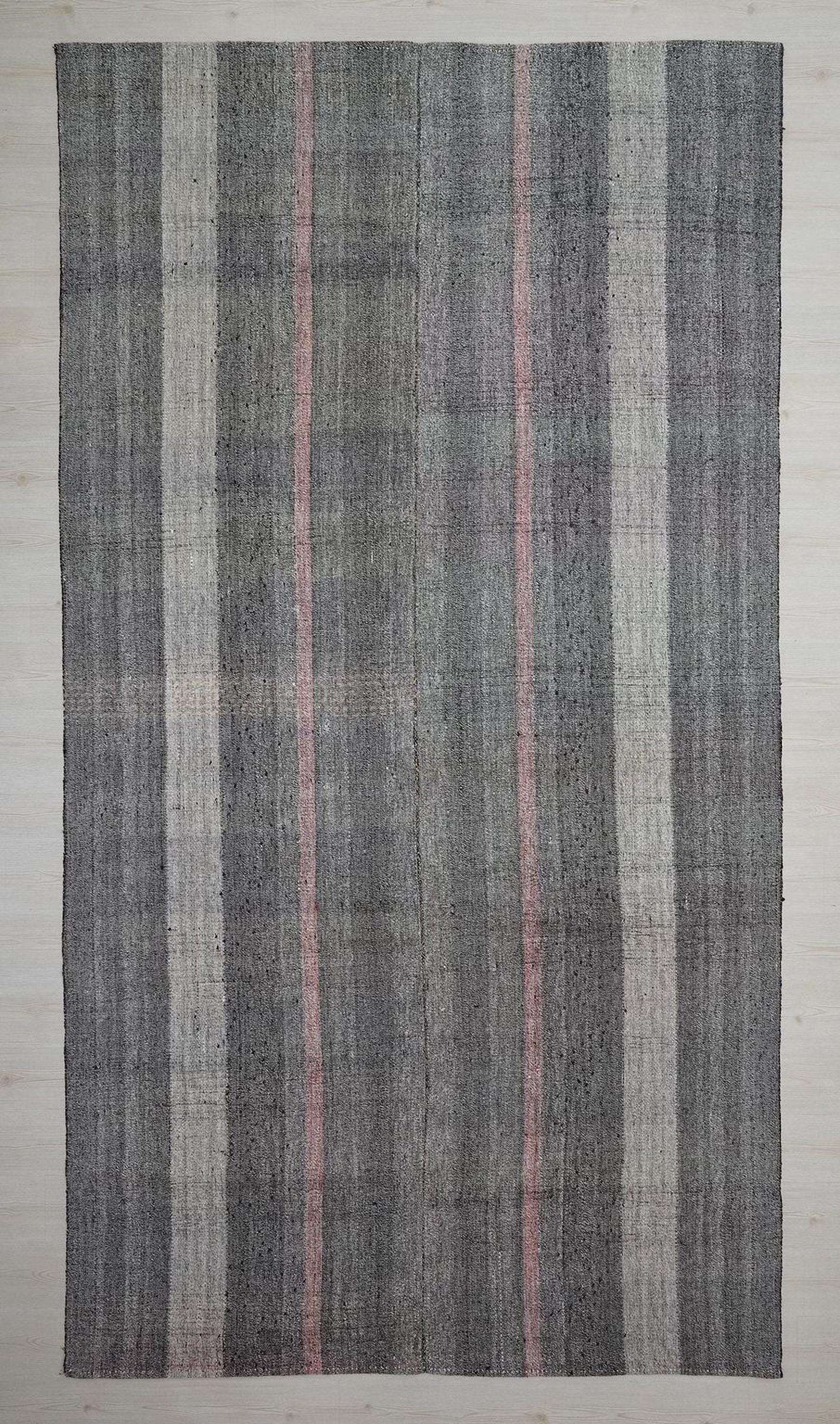 Vintage Pink Gray Stripe Kilim Rug: Long Turkish Flat Woven Rugs 7x12 Ft