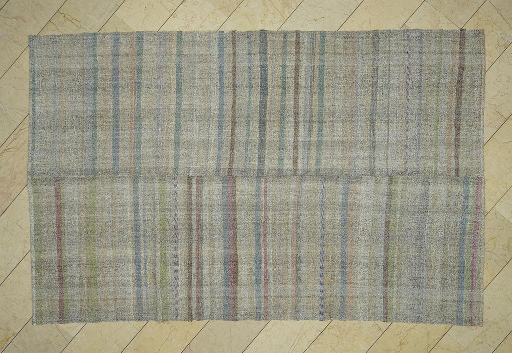 Vintage Turkish Kilim Rug: Minimalist Flat Weave, Modern Stripe (6,4x9,8 Feet)