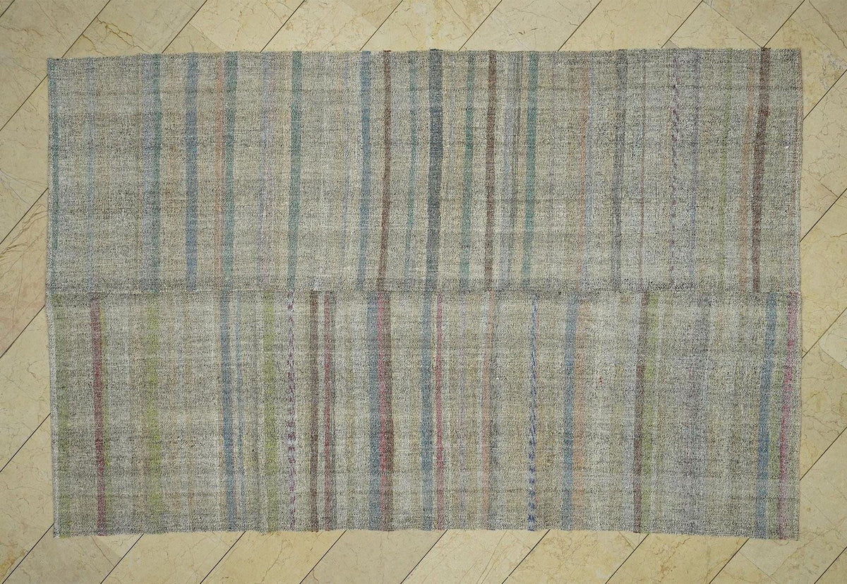 Vintage Turkish Kilim Rug: Minimalist Flat Weave, Modern Stripe (6,4x9,8 Feet)