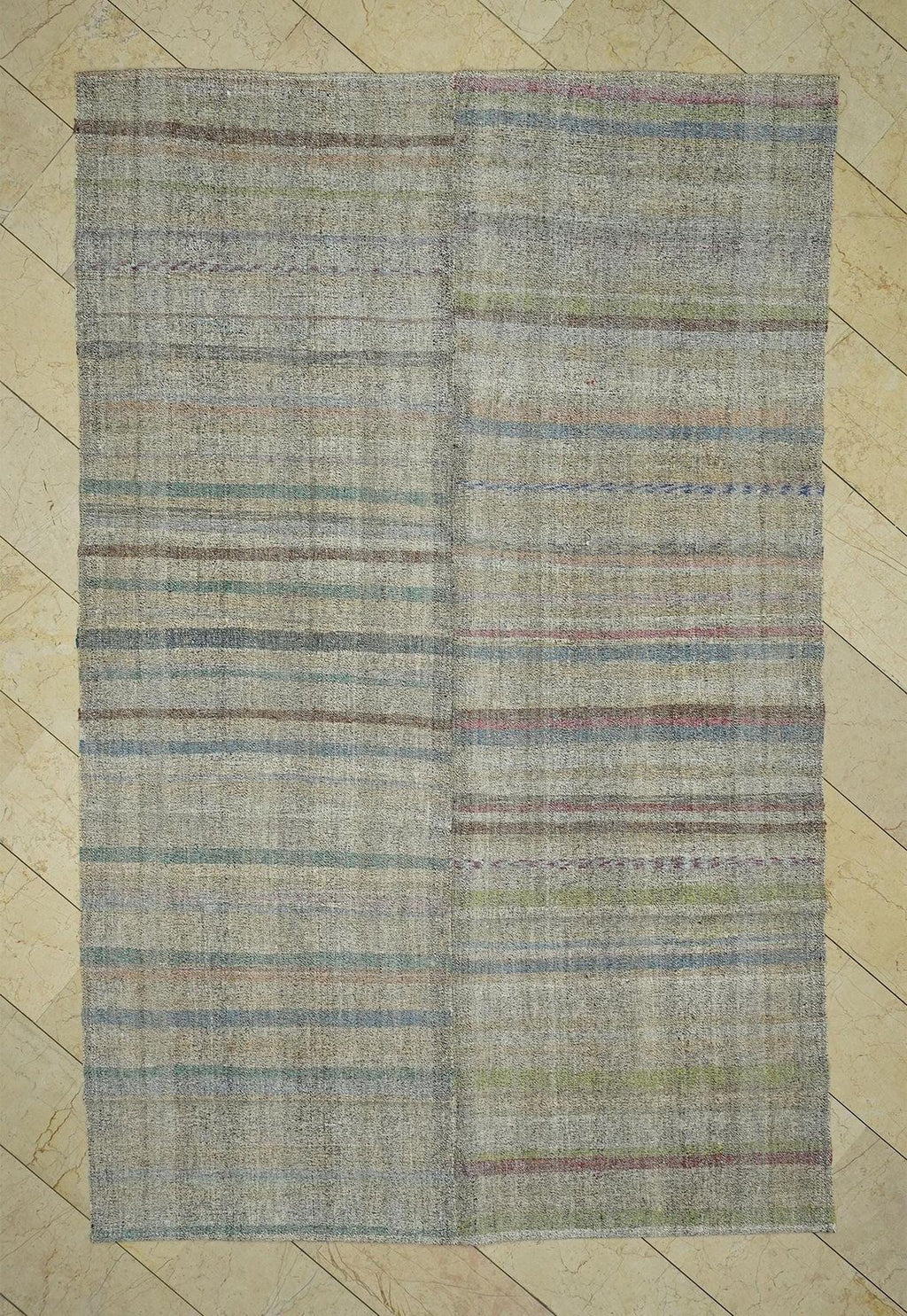 Vintage Turkish Kilim Rug: Minimalist Flat Weave, Modern Stripe (6,4x9,8 Feet)