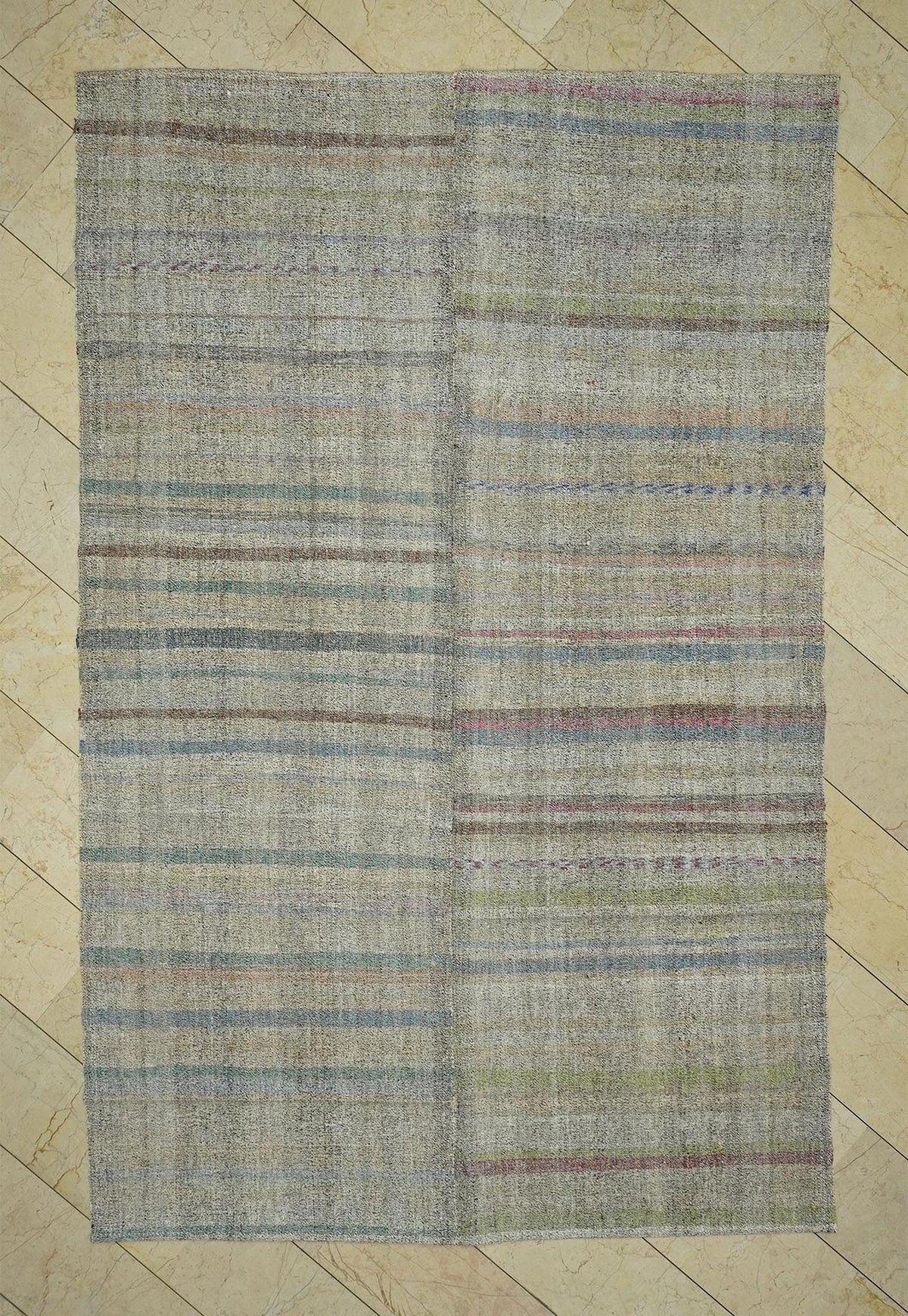 Vintage Turkish Kilim Rug: Minimalist Flat Weave, Modern Stripe (6,4x9,8 Feet)