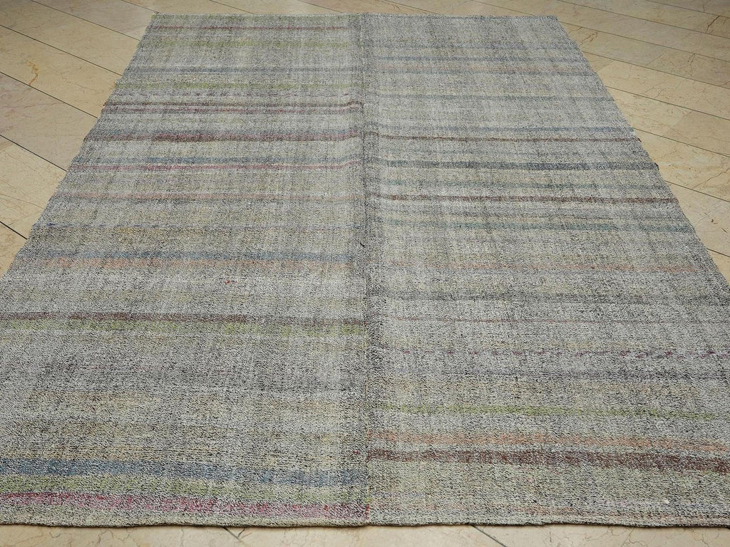 Vintage Turkish Kilim Rug: Minimalist Flat Weave, Modern Stripe (6,4x9,8 Feet)